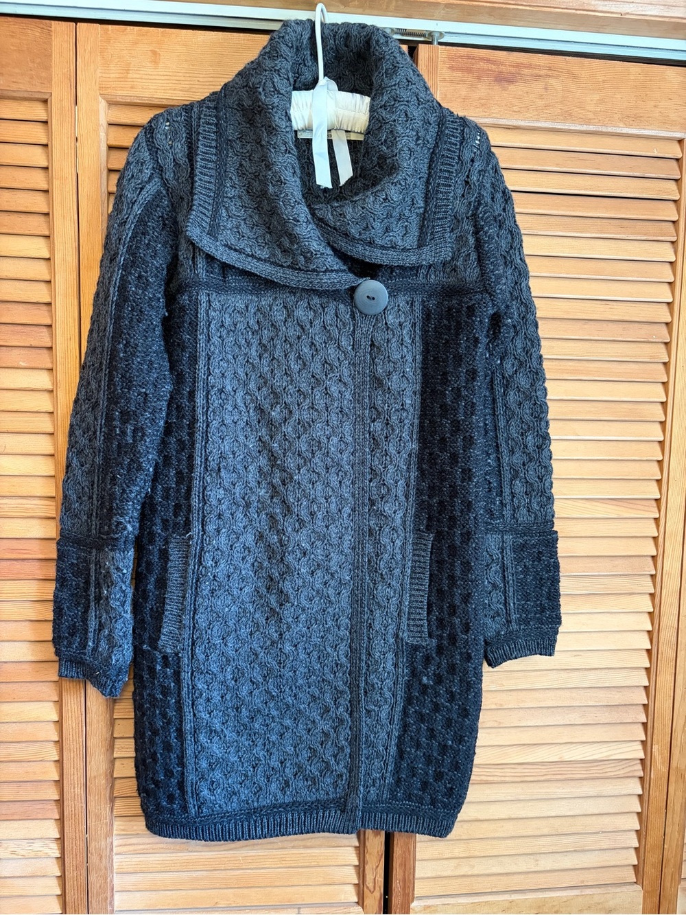 Aran Crafts Black/Gray Textured Cable Knit Turtleneck Cardigan Merino Wool XS